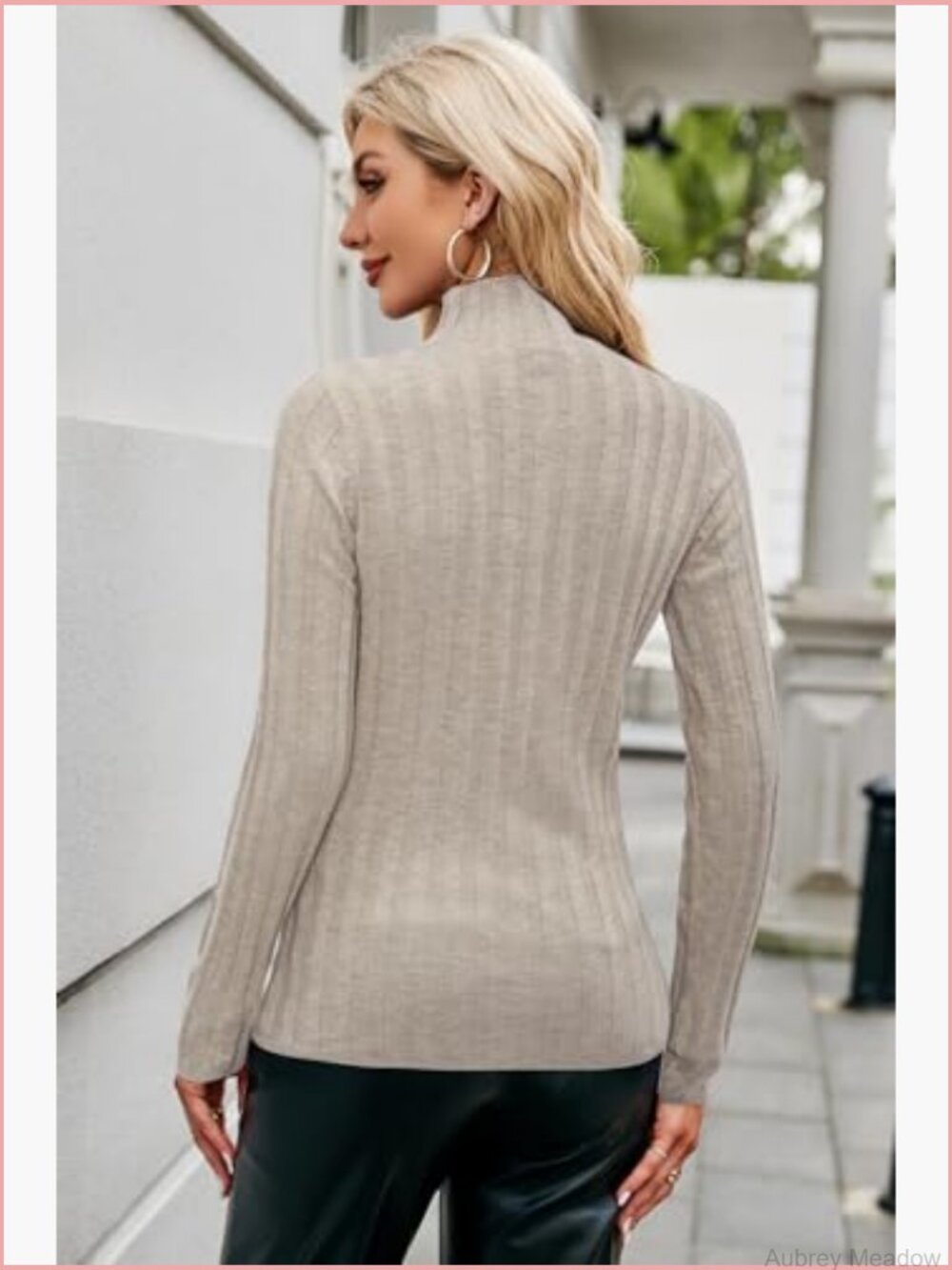 Mock Neck Ribbed Wool Blend Sweater Fitted Long Sleeve Pullover - Picture 4 of 6